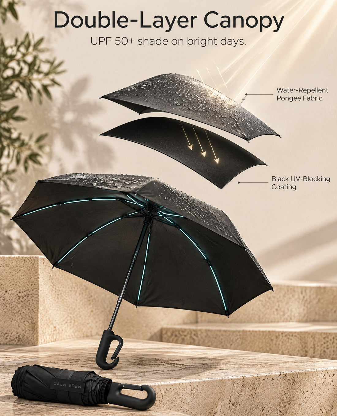 Double-layer umbrella canopy with a black UV-blocking coating