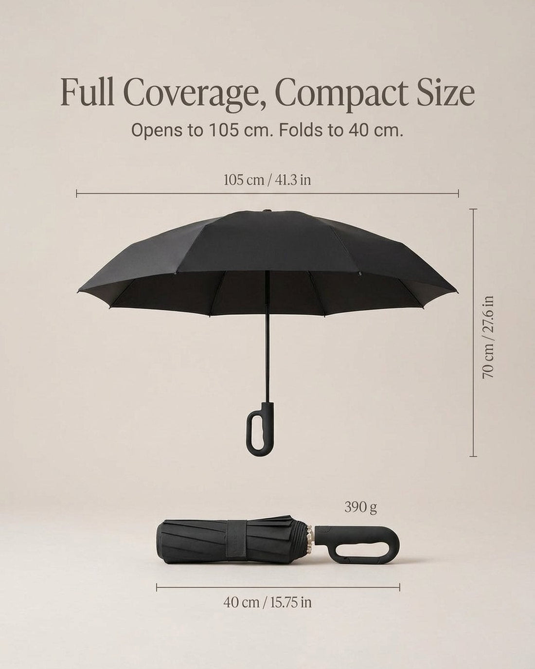 Diagram of a black compact automatic umbrella open at 105 cm across and 70 cm tall, and folded to 40 cm long