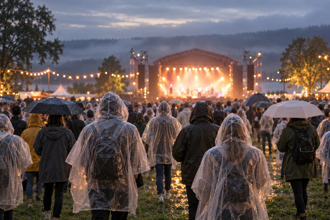Festival crowd seen from behind on a wet field at dusk, most in clear ponchos and a few under small umbrellas, a lit stage in the distance