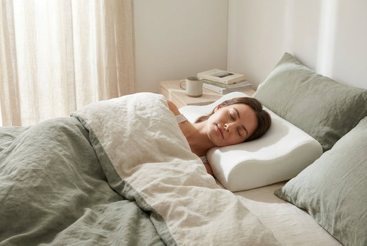 Person sleeping on their side on a contoured cervical pillow in a calm bedroom