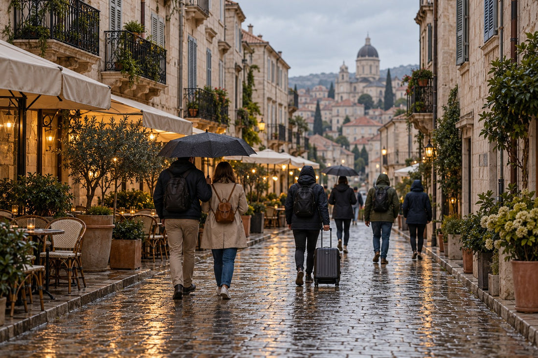 Tourists walk away from the camera along a wet cobbled old-town street in Europe, some under small dark umbrellas and one pulling a cabin suitcase