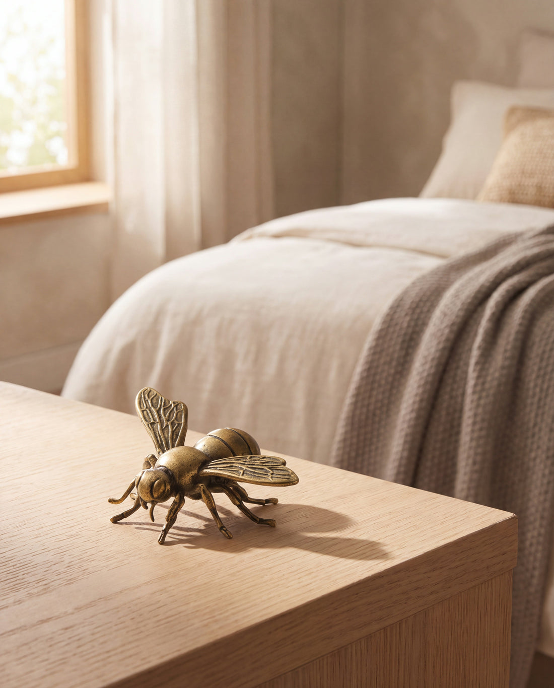 Clover Brass Bee Figurine in a Calm Eden lifestyle setting