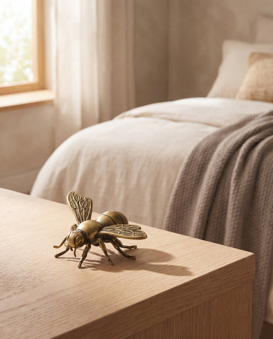 Clover Brass Bee Figurine in a Calm Eden lifestyle setting