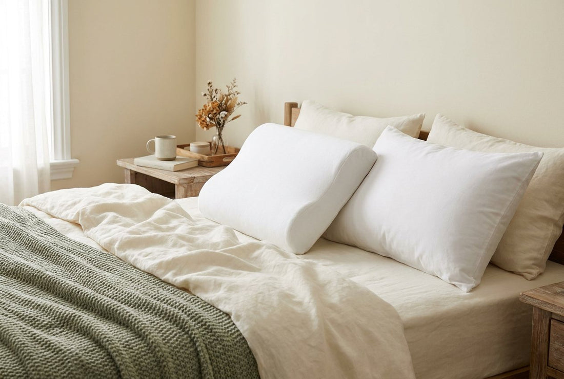 Generic contoured and conventional pillows on a neutral bed