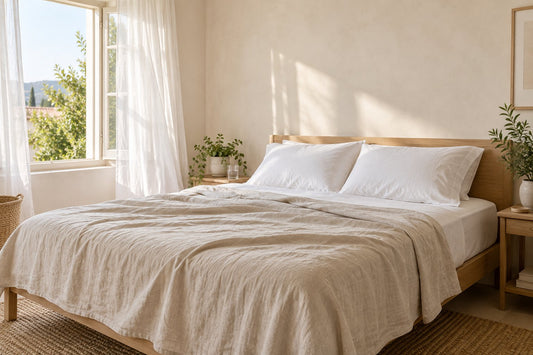 Bed made with white cotton sheets and a textured oat linen top sheet beside an open window