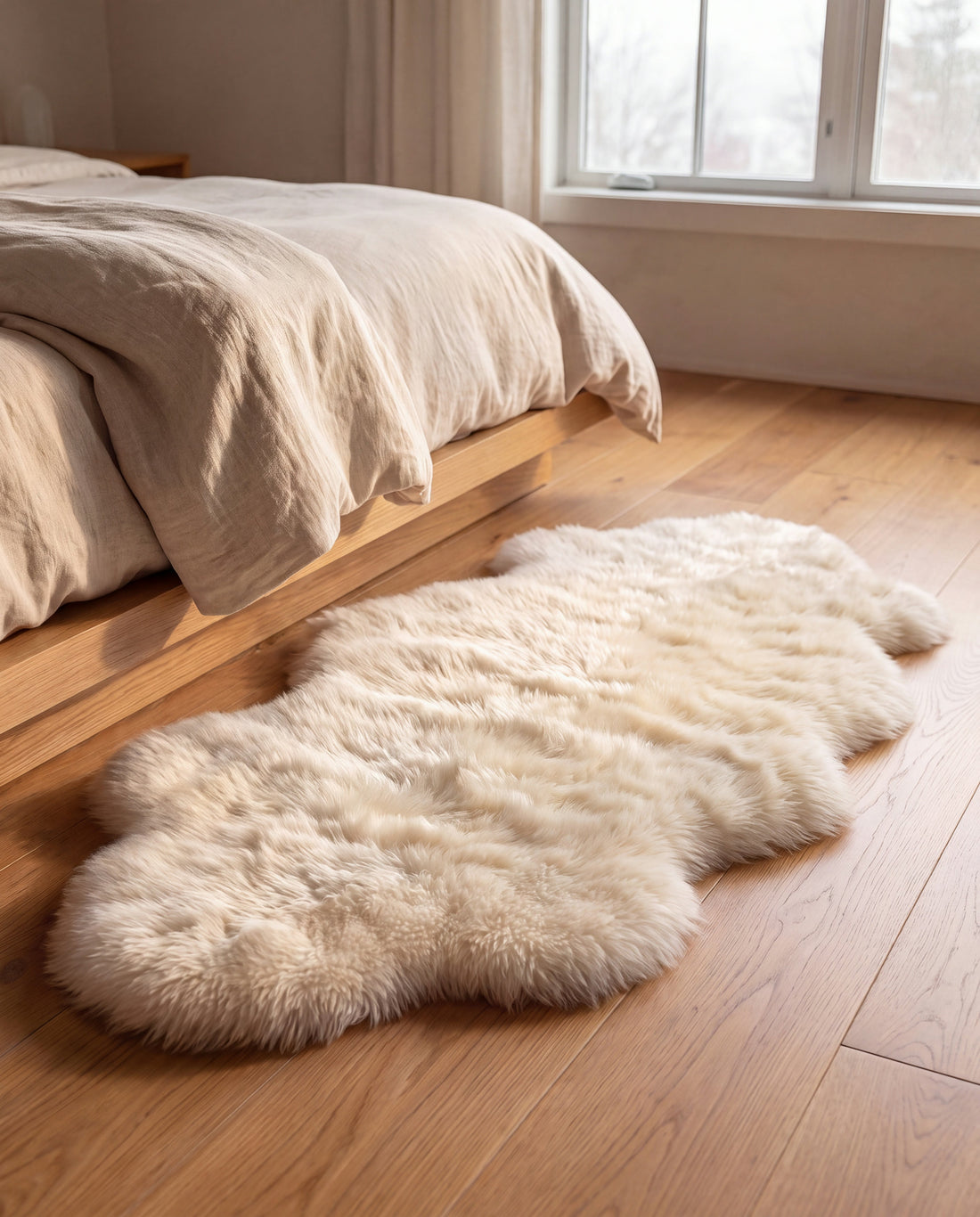 Dove Fluffy Bedside Rug in a Calm Eden lifestyle setting
