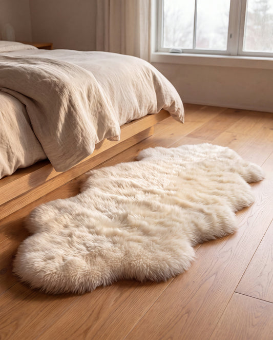 Dove Fluffy Bedside Rug in a Calm Eden lifestyle setting