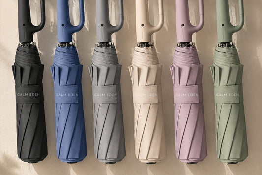 Six Haven compact umbrellas hanging by their carabiner handles