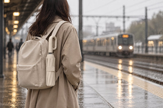 Beige Haven Umbrella clipped to a backpack on a rainy train platform
