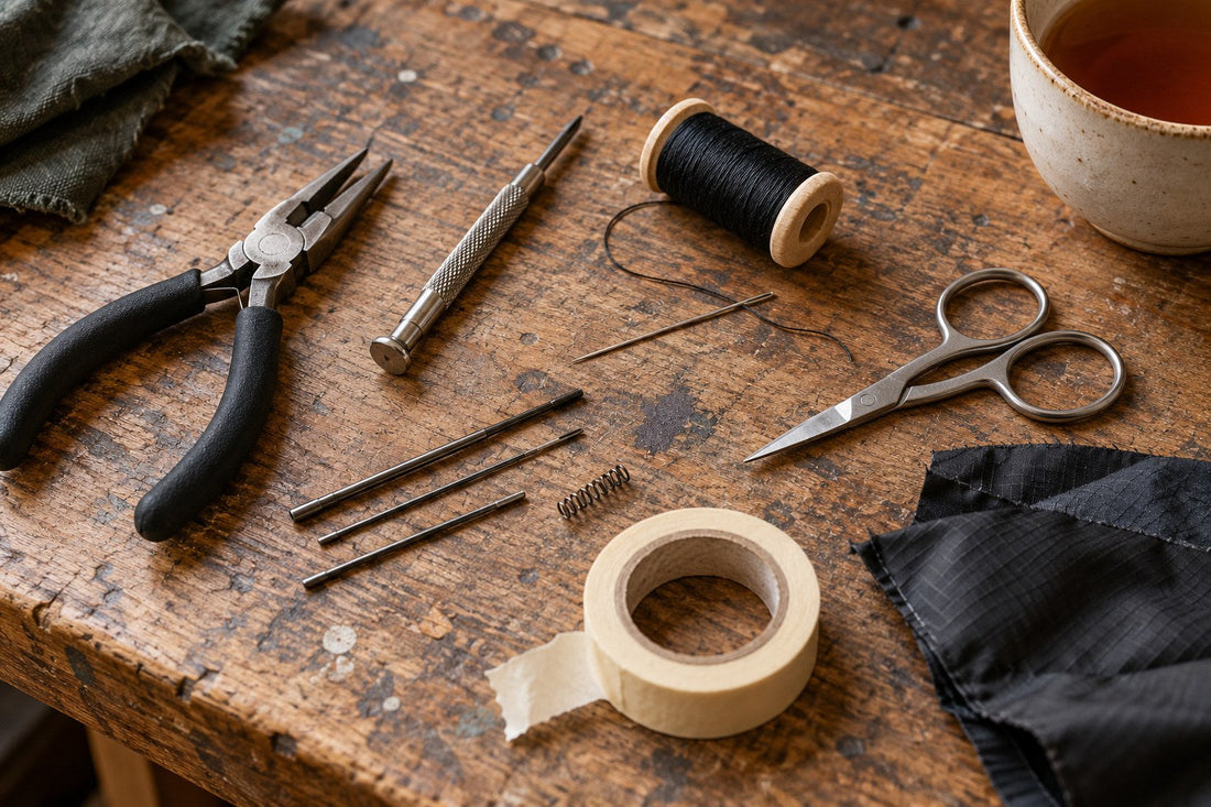 Repair tools on a worn wooden workbench: pliers, a fine screwdriver, needle and black thread, thin metal rods, a small spring, scissors, masking tape and a scrap of black fabric