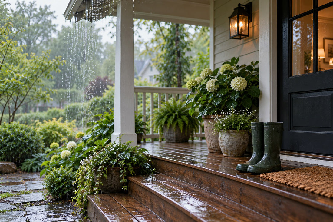 Covered front porch on a rainy morning with water falling from the roof edge, wooden steps, green rubber boots and potted plants