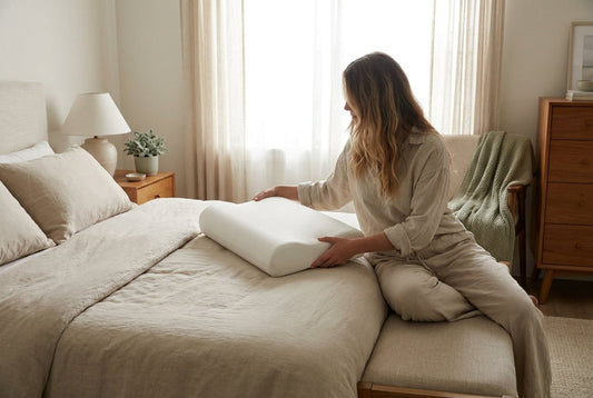 Person positioning a plain contoured pillow on a neutral bed