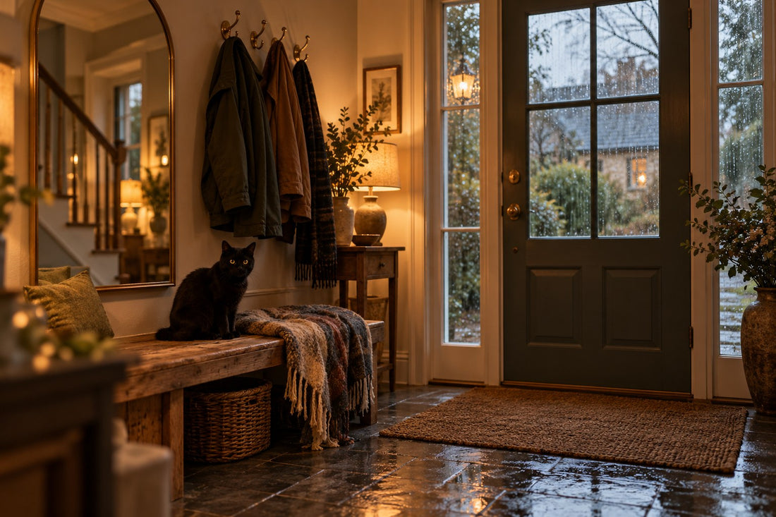 Warm entrance hall on a rainy afternoon with coats on brass hooks, a wooden bench with a wool blanket and a black cat, and rain on the glass beside the front door