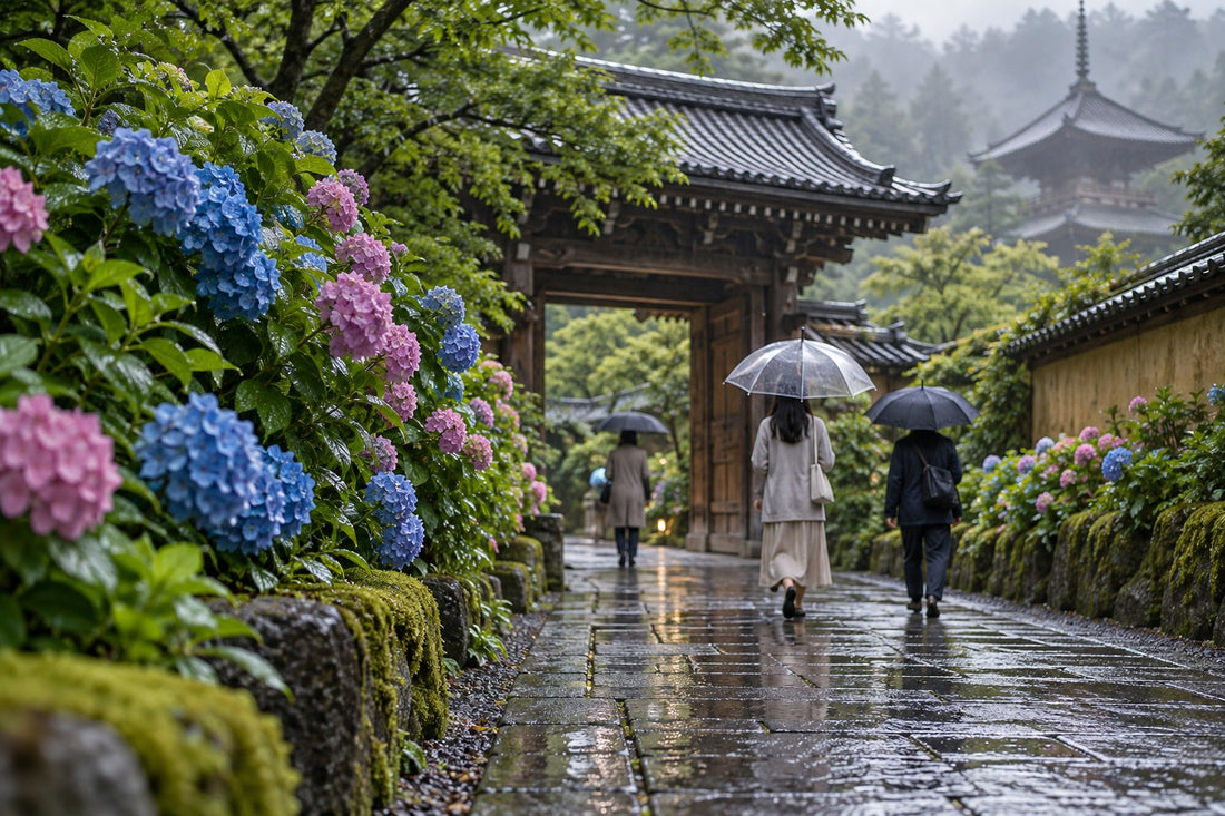 A quiet temple lane in Kyoto in the early-summer rainy season, wet stone paving, blooming hydrangeas and two visitors walking away under a clear umbrella and a small dark umbrella