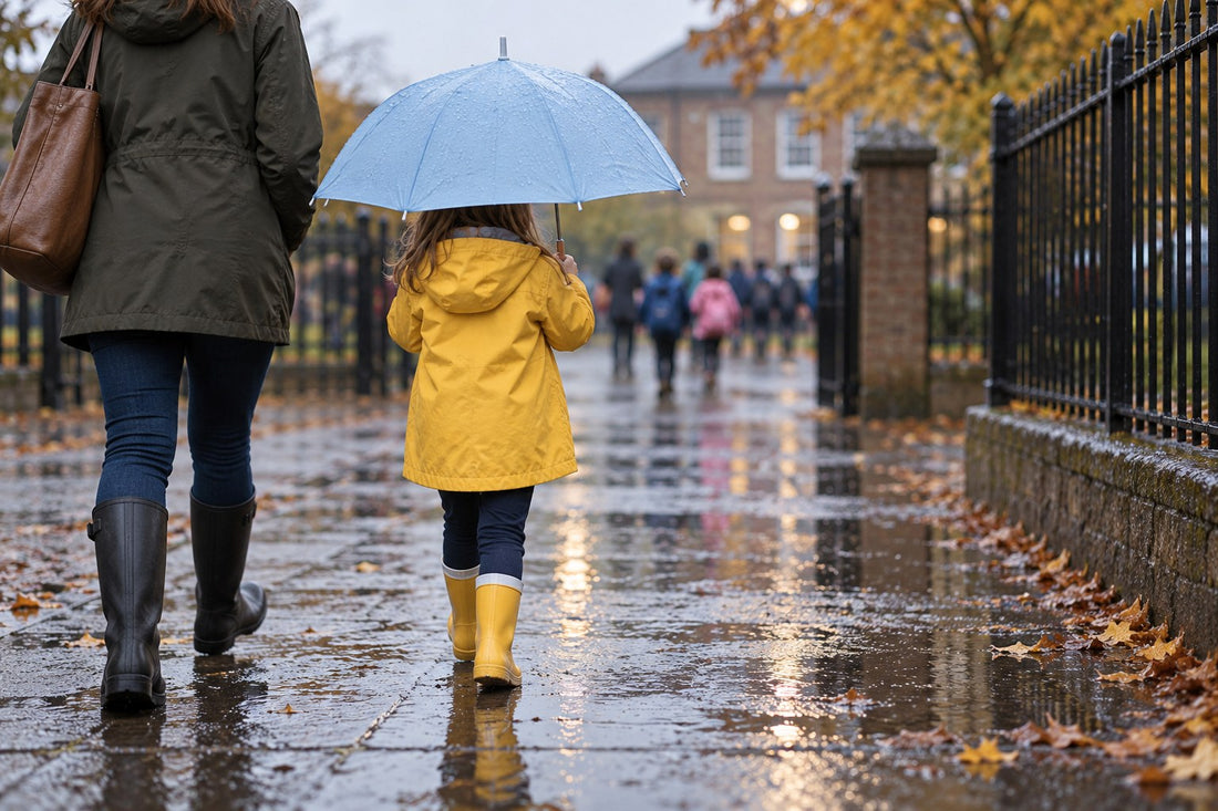 Young child in a yellow raincoat holding a small blue umbrella on a wet school-gate pavement on a drizzly morning