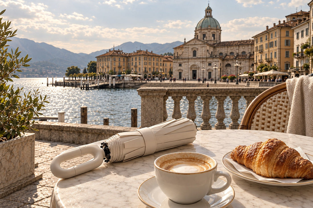 Folded Cream White Haven Umbrella on a marble cafe table beside a cappuccino on an Italian lakeside terrace