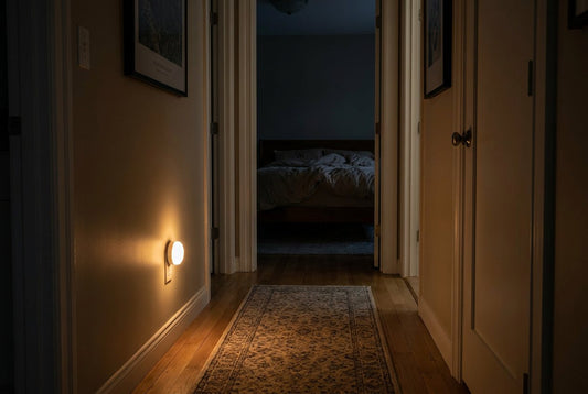 Warm motion-sensor night light illuminating a hallway floor at night