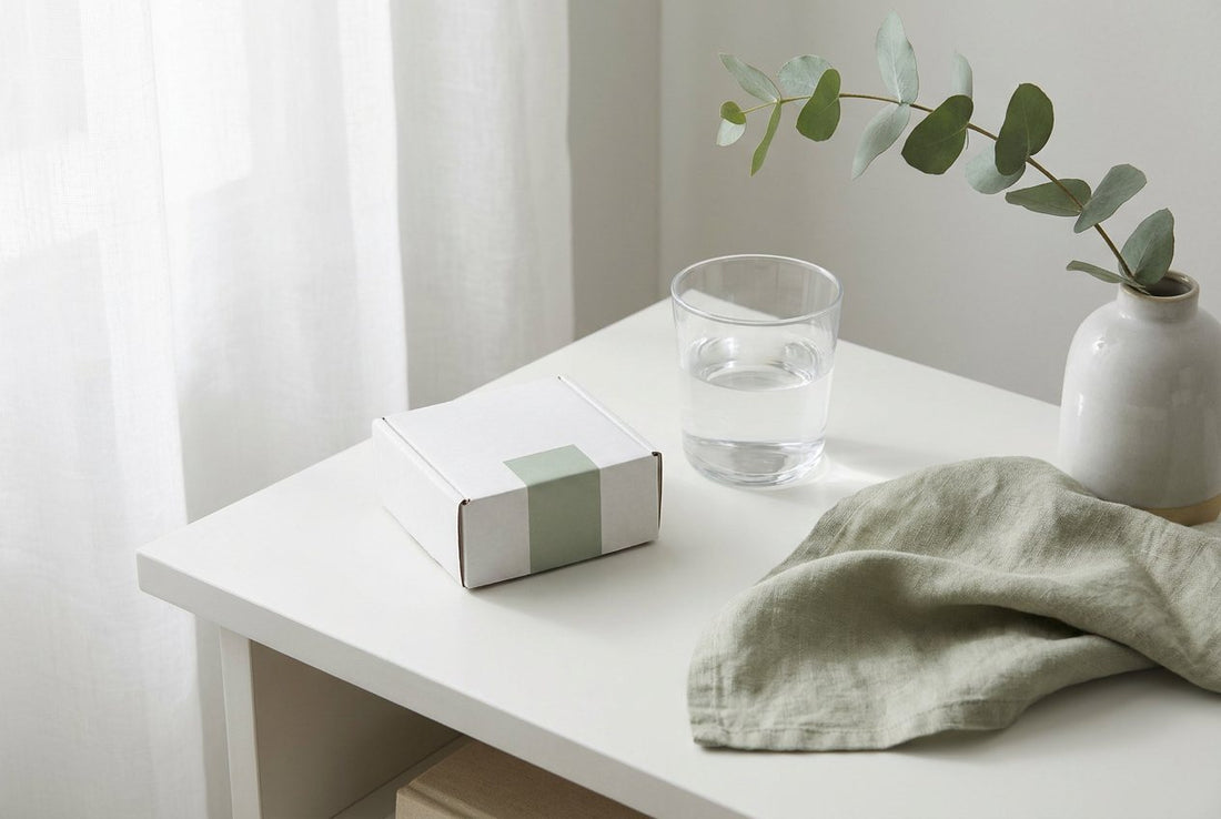 Minimal bedside still life with sleep strips, water and eucalyptus