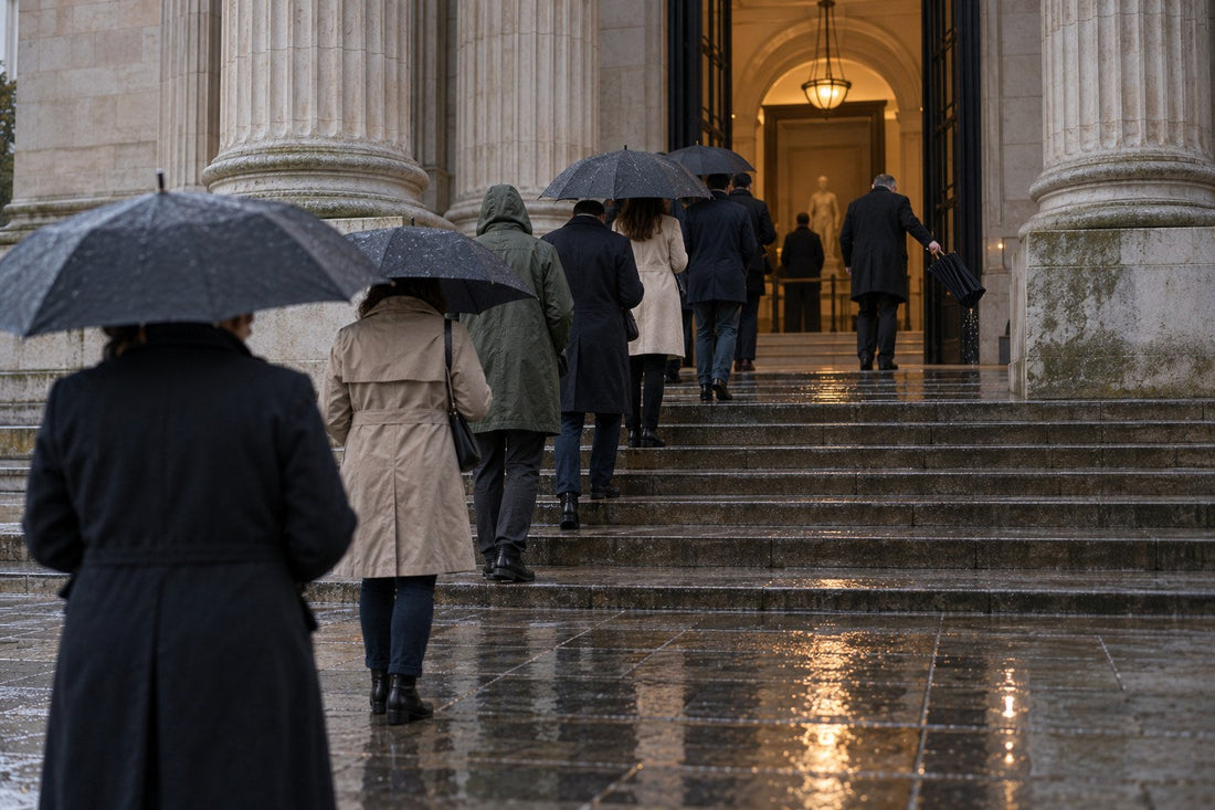 Visitors in raincoats queue on the wet stone steps of a grand columned museum entrance on a grey drizzly afternoon, some holding dark umbrellas