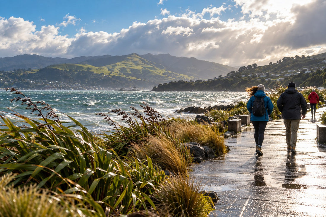Windswept New Zealand harbour waterfront with wet paving, bending flax and walkers in rain jackets leaning into the wind