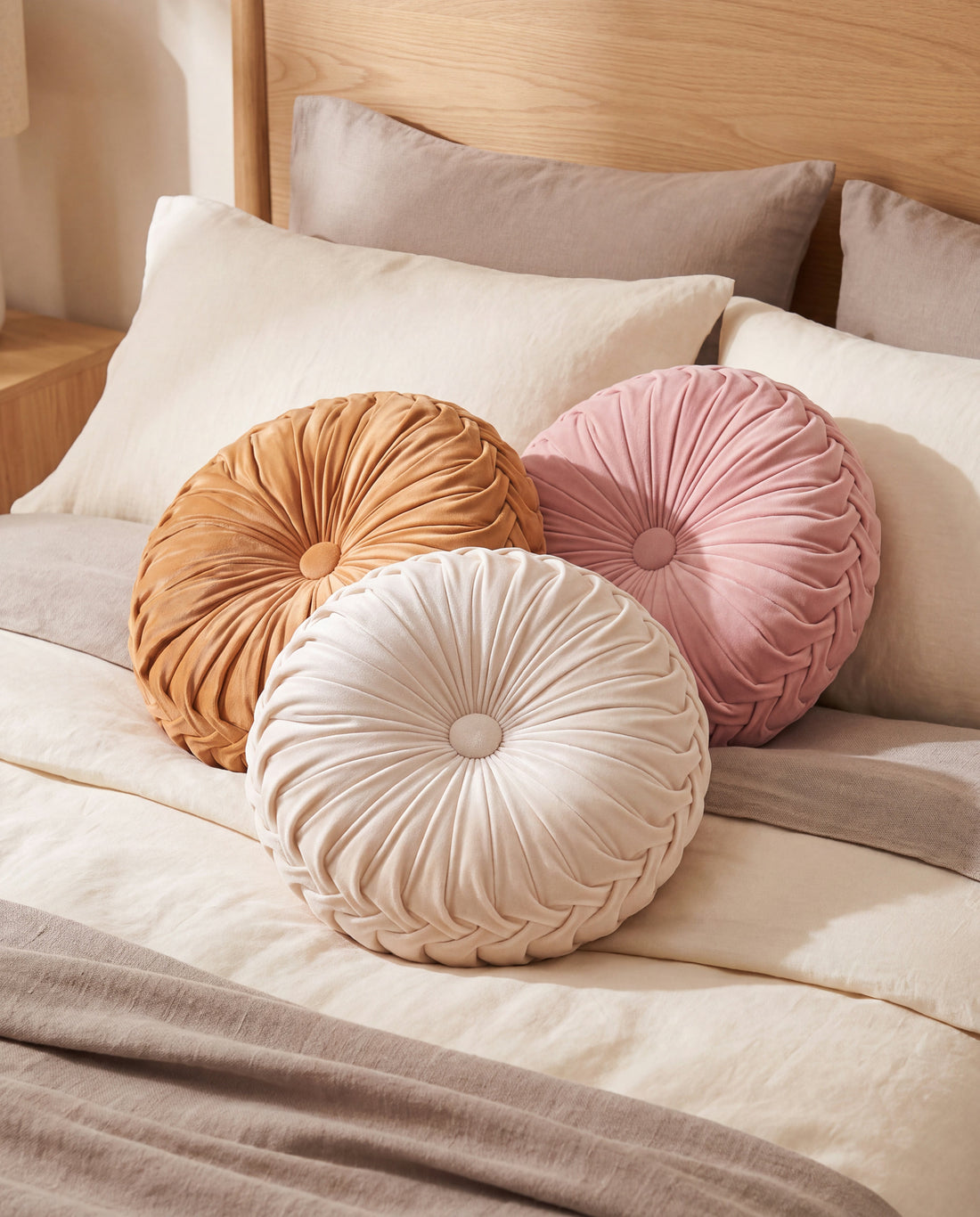 Peony Soft Velvet Round Cushion in a Calm Eden lifestyle setting