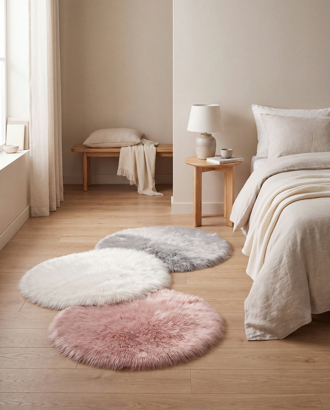 Polar Round Faux Fur Rug in a Calm Eden lifestyle setting