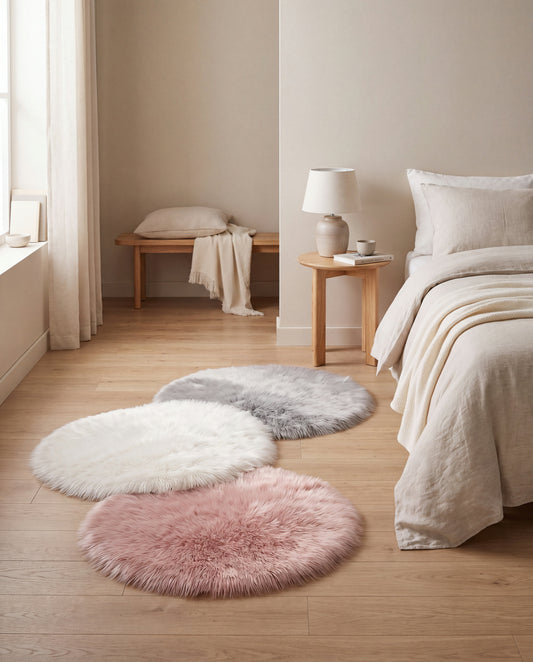 Polar Round Faux Fur Rug in a Calm Eden lifestyle setting