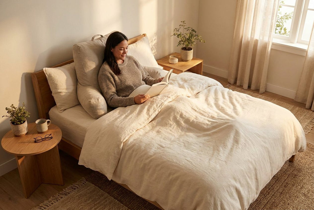 Reader sitting up in bed with a backrest pillow and a book