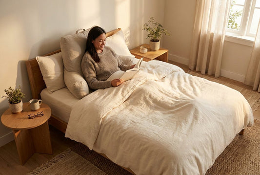 Reader sitting up in bed with a backrest pillow and a book