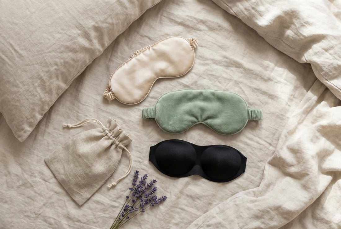 Silk, weighted and contoured sleep masks laid out on linen bedding