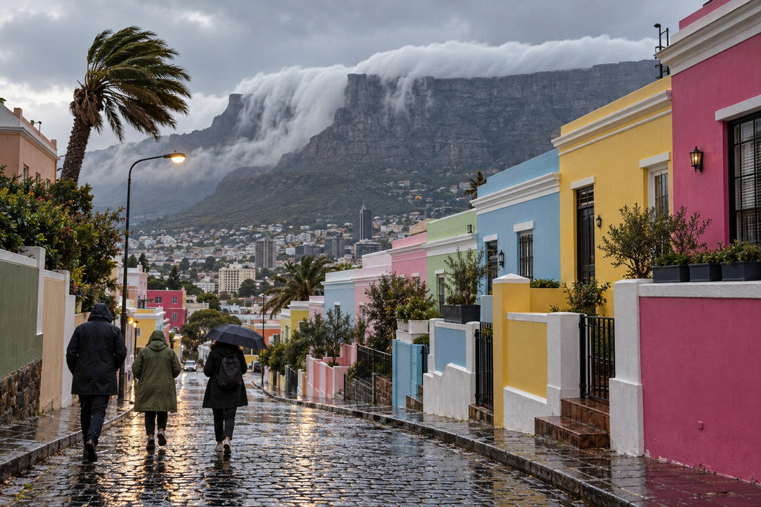 A steep wet street of pastel-painted houses in Cape Town on a winter morning, a flat-topped mountain under heavy cloud behind and a pedestrian holding a small dark umbrella into the wind