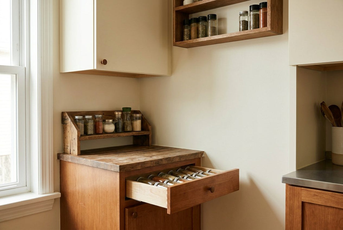 Small kitchen with spice jars organized on a countertop rack and in a drawer