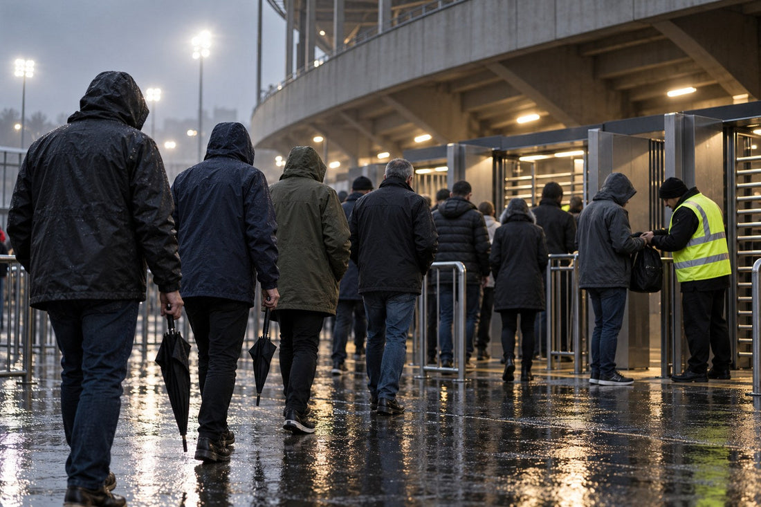 Fans in dark rain jackets queue at a stadium gate on a drizzly matchday, a few holding small closed umbrellas tip-down while a steward checks a bag