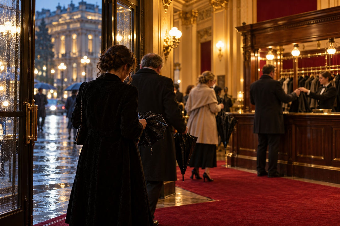 The warm lit foyer of a grand theatre on a rainy evening, with theatregoers folding compact umbrellas near a cloakroom counter