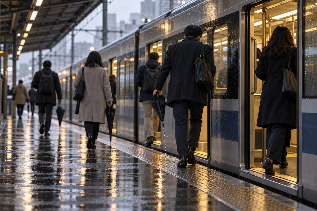 Commuters in dark coats step onto a train from a wet covered platform on a rainy morning, some carrying closed umbrellas tip-down, one dripping