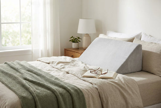 Foam bed wedge pillow on a made bed with a book, in soft morning light