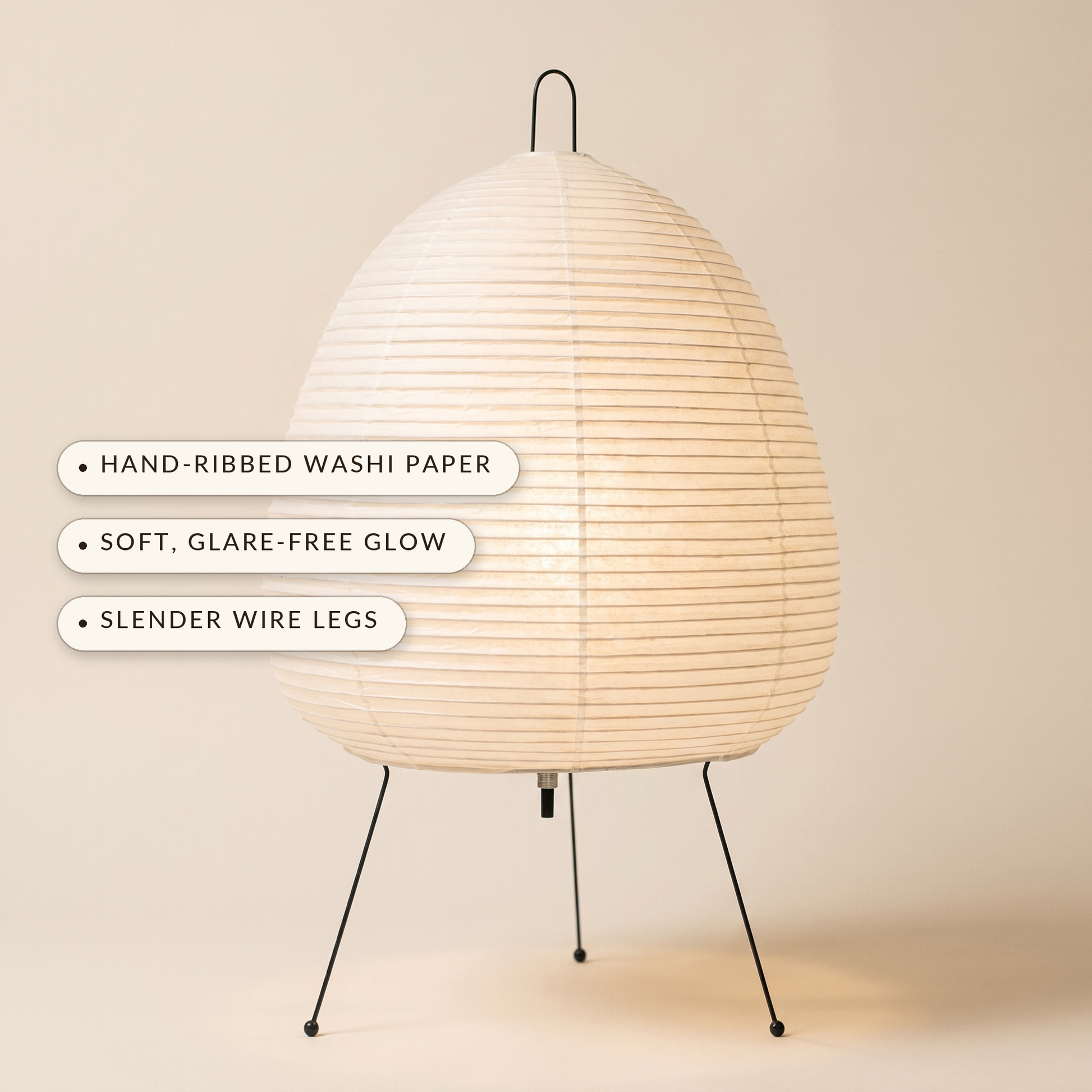 Washi™ Paper Lantern Lamp — hand-ribbed washi paper, soft glare-free glow, slender wire legs