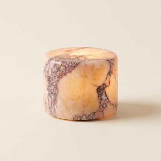 Aura™ Marble Tap Light — solid Viola marble touch lamp glowing on warm cream background