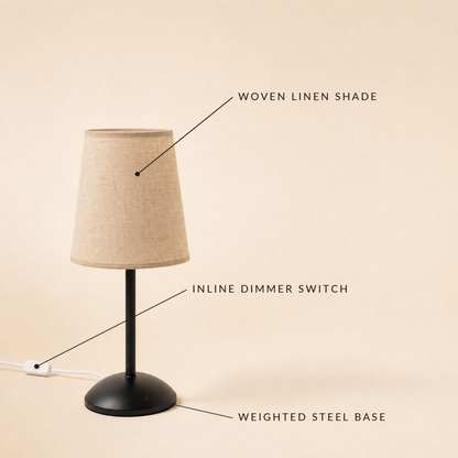 Wisp features: woven linen shade, inline dimmer switch, weighted steel base