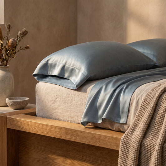 Mulberry™ Silk Pillowcase in Mist on the bed in a warm Calm Eden-style bedroom