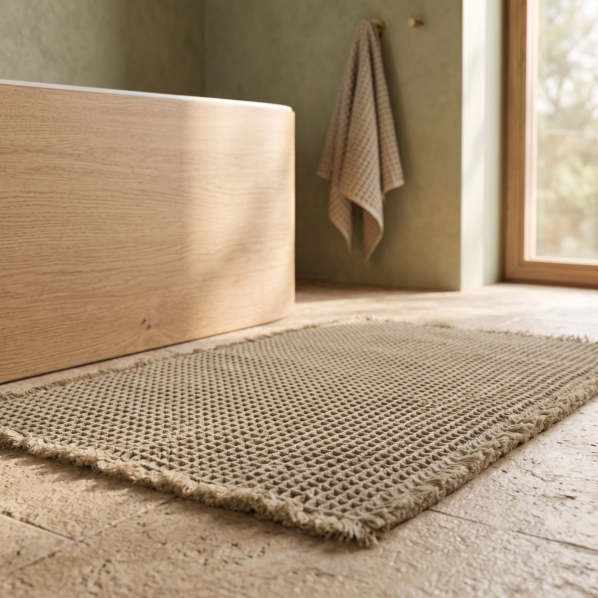 Waffle™ Bath Mat beside the oak tub in a warm Calm Eden-style bathroom