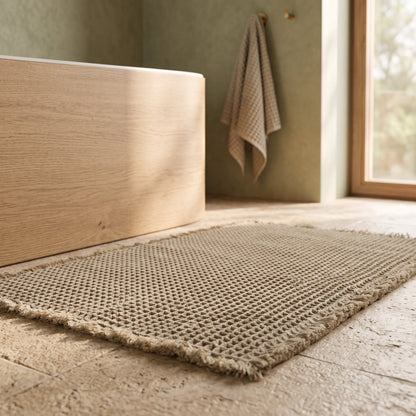 Waffle™ Bath Mat beside the oak tub in a warm Calm Eden-style bathroom