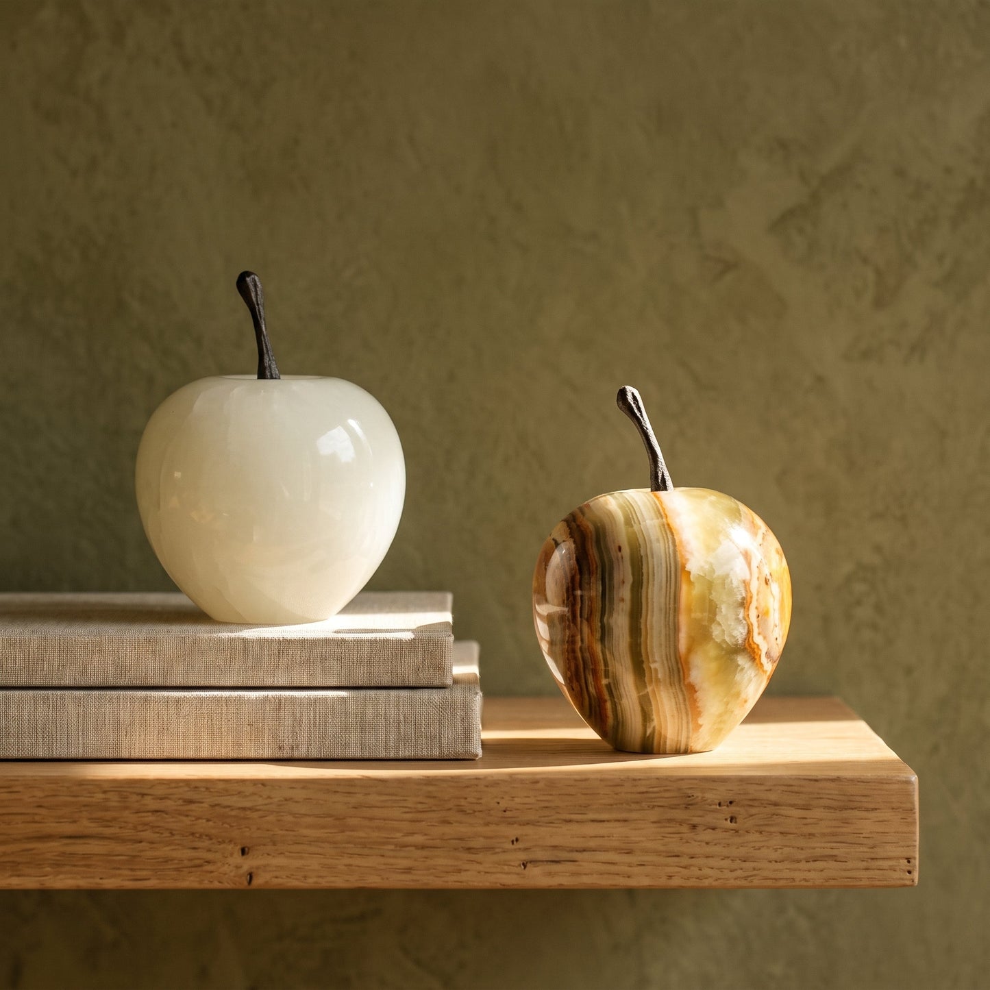Orchard™ Stone Apples styled on an oak shelf in a warm Calm Eden-style room
