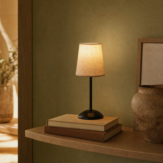 Wisp lamp glowing on a stack of books on an oak shelf