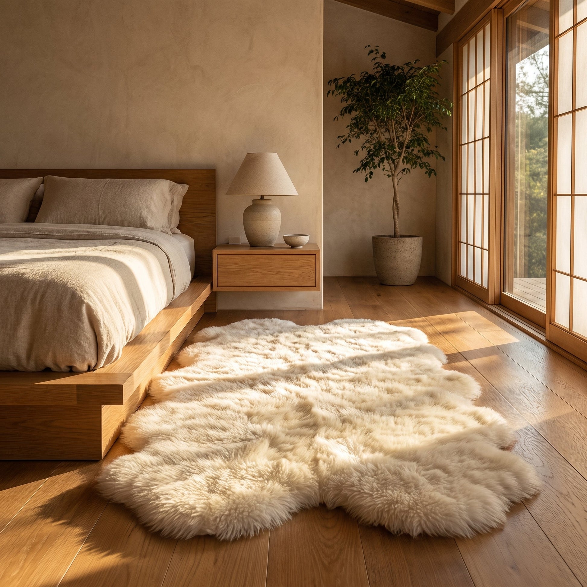 Plume™ Plush Bedside Rug along the oak platform bed in a warm Calm Eden-style bedroom
