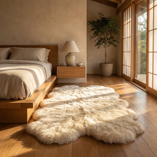 Plume™ Plush Bedside Rug along the oak platform bed in a warm Calm Eden-style bedroom