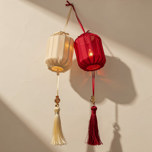Winter melon-shaped red festival lantern with a polyester cover and hanging tassel