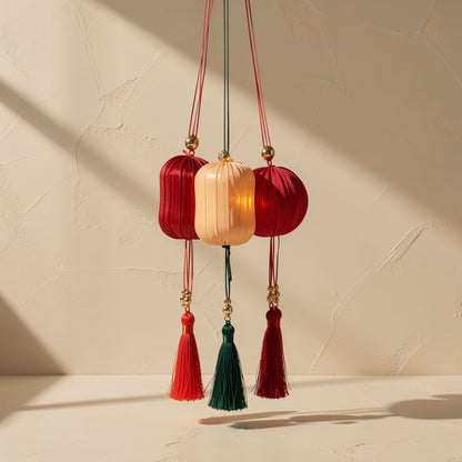 Winter melon-shaped red festival lantern with a polyester cover and hanging tassel - view 3