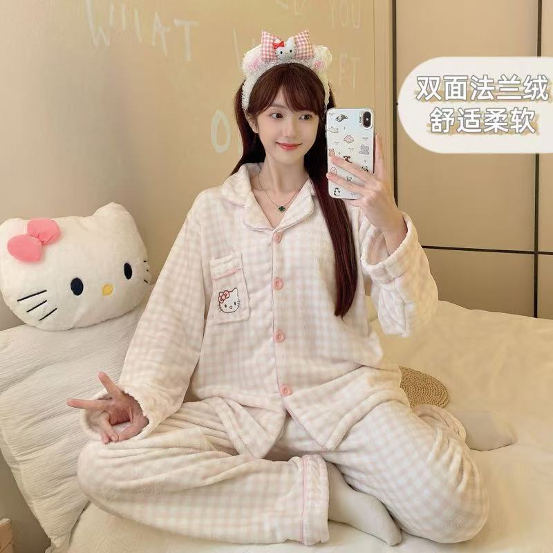 Winter Flannel Pajamas for Women, Long-Sleeved Pants Set, Thickened Cardigan, Cartoon Kt Cat Coral Velvet Home Clothes Lg - image 1