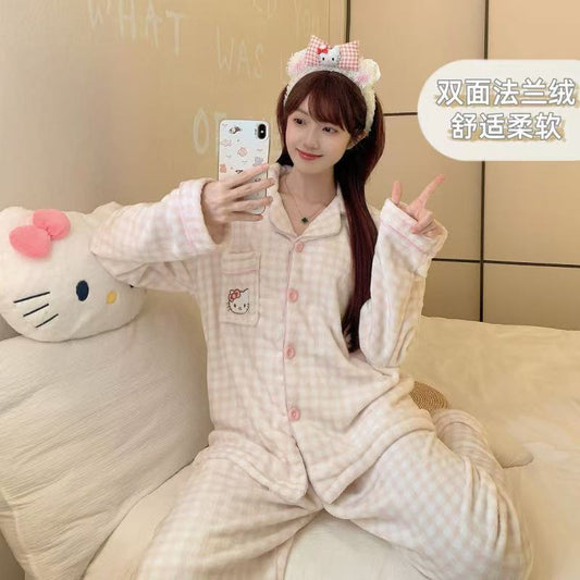 Winter Flannel Pajamas for Women, Long-Sleeved Pants Set, Thickened Cardigan, Cartoon Kt Cat Coral Velvet Home Clothes Lg - image 2